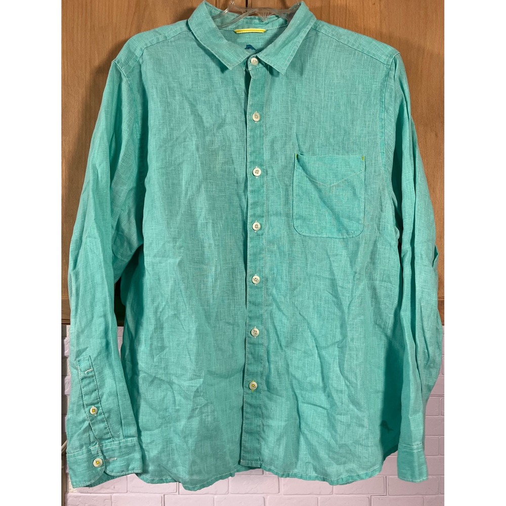 Tommy Bahama Button Down Shirt Mens XL Green Linen Long Sleeve Pocket - Picture 1 of 8